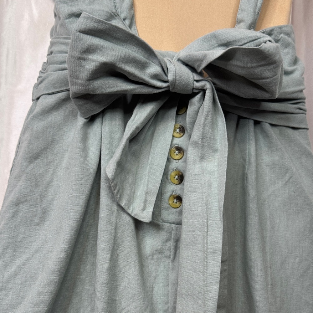 90. Free People Sage Green Linen Blend Ruffle Strap Dress with Bow Back Size S - Picture 4 of 7